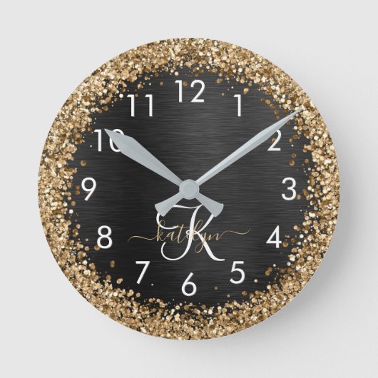 Custom Gold Glitzer Black Sparkgram Monogram Runde Wanduhr (Vorderseite)