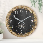 Custom Gold Glitzer Black Sparkgram Monogram Runde Wanduhr