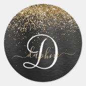 Custom Gold Glitzer Black Sparkgram Monogram Runder Aufkleber (Vorderseite)