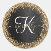 Custom Gold Glitzer Black Sparkgram Monogram Runder Aufkleber (Vorderseite)
