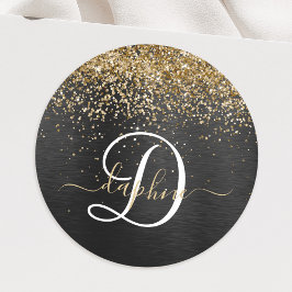 Custom Gold Glitzer Black Sparkgram Monogram Runder Aufkleber