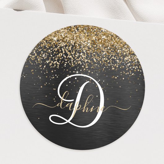 Custom Gold Glitzer Black Sparkgram Monogram Runder Aufkleber