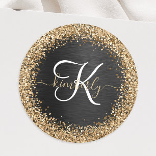 Custom Gold Glitzer Black Sparkgram Monogram Runder Aufkleber
