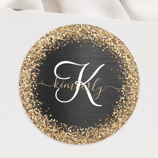 Custom Gold Glitzer Black Sparkgram Monogram Runder Aufkleber