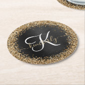 Custom Gold Glitzer Black Sparkgram Monogram Runder Pappuntersetzer (Angewinkelt)