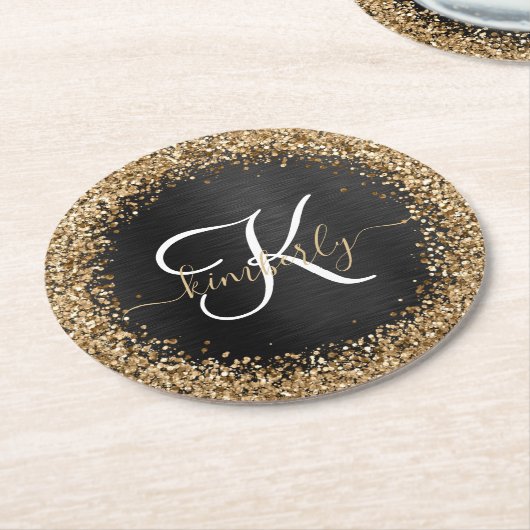 Custom Gold Glitzer Black Sparkgram Monogram Runder Pappuntersetzer (Angewinkelt)
