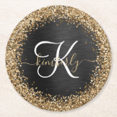 Custom Gold Glitzer Black Sparkgram Monogram Runder Pappuntersetzer (Vorderseite)