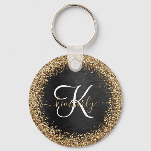 Custom Gold Glitzer Black Sparkgram Monogram Schlüsselanhänger (Rückseite)