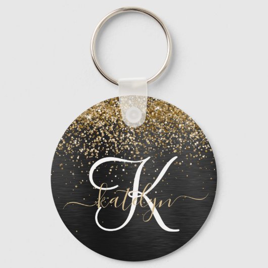 Custom Gold Glitzer Black Sparkgram Monogram Schlüsselanhänger (Vorderseite)