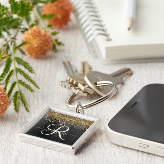 Custom Gold Glitzer Black Sparkgram Monogram Schlüsselanhänger (Seite)