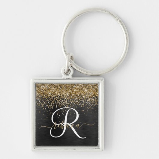 Custom Gold Glitzer Black Sparkgram Monogram Schlüsselanhänger (Vorne)