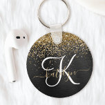 Custom Gold Glitzer Black Sparkgram Monogram Schlüsselanhänger<br><div class="desc">Dieses trendige,  elegante Design mit hübsch vergoldeten Imitaten Glitzer auf schwarz gebürstetem metallischem Hintergrund verleiht diesem Schlüsselanhänger eine angenehme Note.</div>