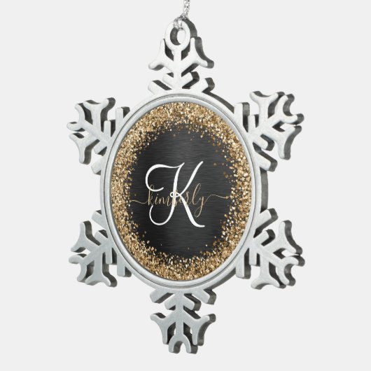 Custom Gold Glitzer Black Sparkgram Monogram Schneeflocken Zinn-Ornament (Rechts)