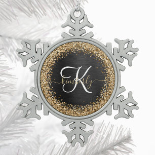 Custom Gold Glitzer Black Sparkgram Monogram Schneeflocken Zinn-Ornament
