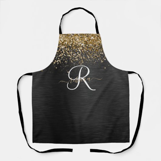 Custom Gold Glitzer Black Sparkgram Monogram Schürze (Vorderseite)
