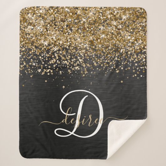 Custom Gold Glitzer Black Sparkgram Monogram Sherpadecke (Vorderseite)