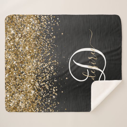 Custom Gold Glitzer Black Sparkgram Monogram Sherpadecke (Vorderseite (Horizontal))