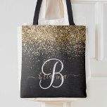 Custom Gold Glitzer Black Sparkgram Monogram Tasche<br><div class="desc">Dieses trendige,  elegante Tote-Sack-Design mit hübschem vergoldeten Glitzer auf schwarz gebürstetem metallischem Hintergrund ist einfach zu personalisieren.</div>