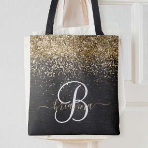 Custom Gold Glitzer Black Sparkgram Monogram Tasche