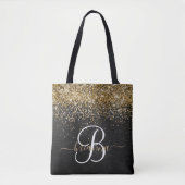Custom Gold Glitzer Black Sparkgram Monogram Tasche (Vorderseite)