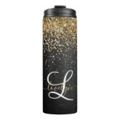 Custom Gold Glitzer Black Sparkgram Monogram Thermosbecher (Vorderseite)
