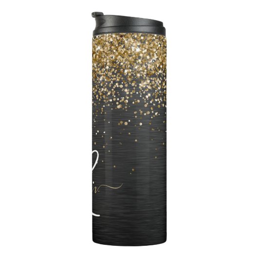 Custom Gold Glitzer Black Sparkgram Monogram Thermosbecher (Nach rechts gedreht)