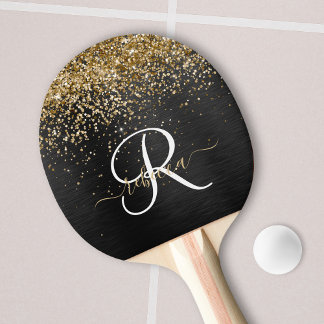 Custom Gold Glitzer Black Sparkgram Monogram Tischtennis Schläger
