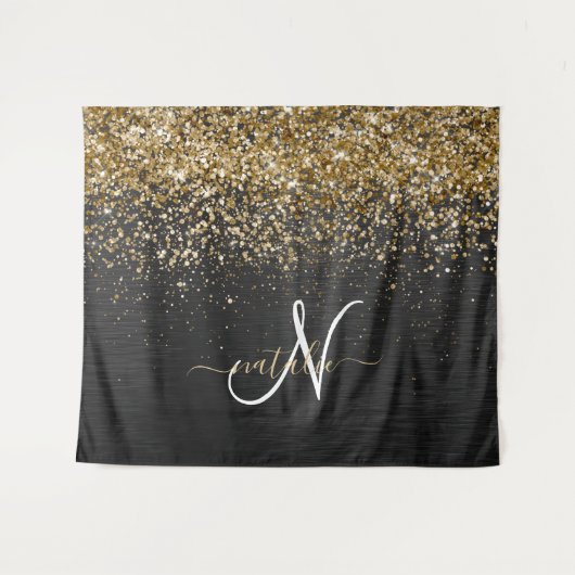 Custom Gold Glitzer Black Sparkgram Monogram Wandteppich (Vorderseite (Horizontal))