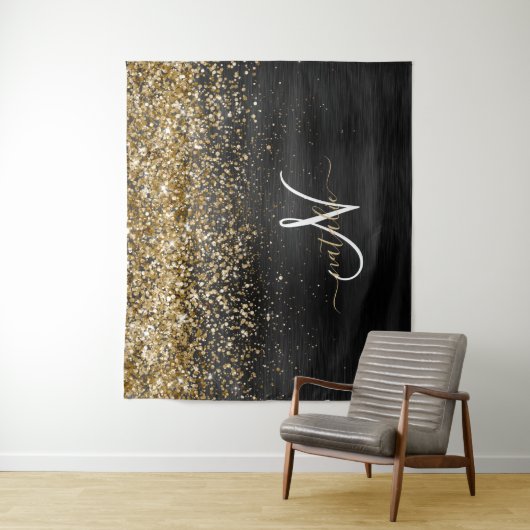 Custom Gold Glitzer Black Sparkgram Monogram Wandteppich (Beispiel)
