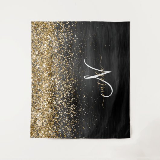 Custom Gold Glitzer Black Sparkgram Monogram Wandteppich (Vorderseite)