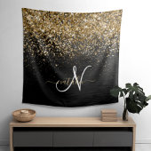 Custom Gold Glitzer Black Sparkgram Monogram Wandteppich