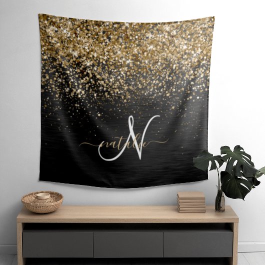 Custom Gold Glitzer Black Sparkgram Monogram Wandteppich