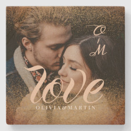 Custom Gold Glitzer Couple Foto Mit Monogramm Steinuntersetzer