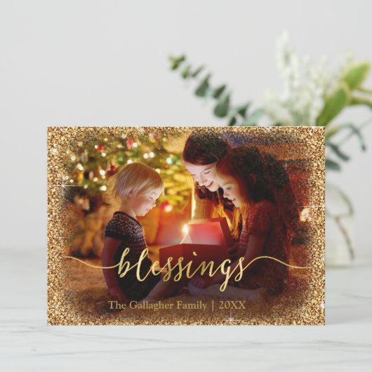 Custom Gold Glitzer Segen Foto Weihnachten (Stehend Vorderseite)
