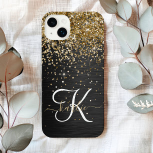 Custom Gold Glitzern Black Funkelnd Mit Monogramm iPhone 14 Plus Hülle