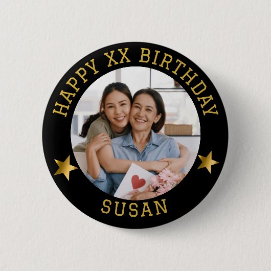 Custom Gold Happy Birthday Foto und Name des Alter Button (Vorderseite)