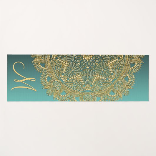 Custom Gold Mandala Art Muster auf Aquamarin Blue Yogamatte (Vorderseite (Horizontal))