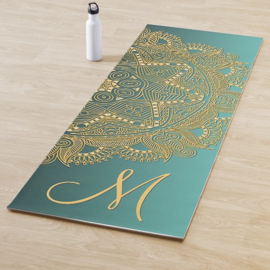 Custom Gold Mandala Art Muster auf Aquamarin Blue Yogamatte (Beispiel)