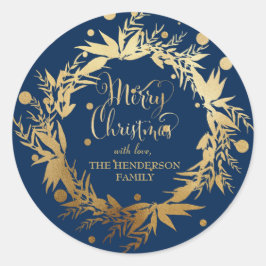 Custom Gold Navy Blue Christmas Eucalyptus Wreath Runder Aufkleber