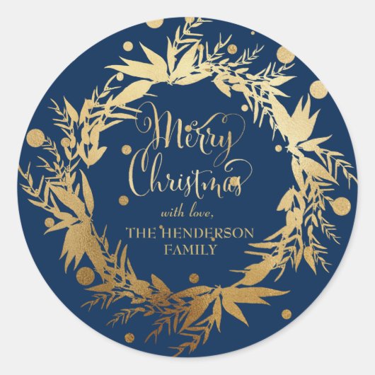Custom Gold Navy Blue Christmas Eucalyptus Wreath Runder Aufkleber (Vorderseite)
