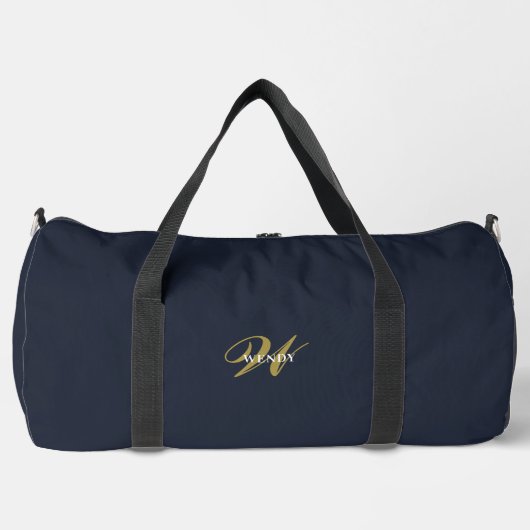 Custom Gold Navy Blue Monogram Initial Fitness Duffle Bag (Vorderseite)