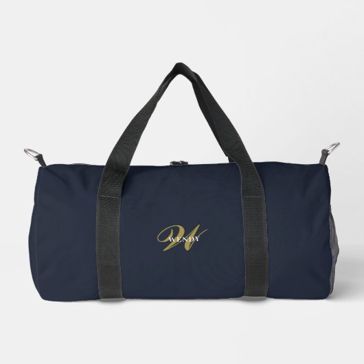 Custom Gold Navy Blue Monogram Initial Fitness Duffle Bag (Vorderseite)