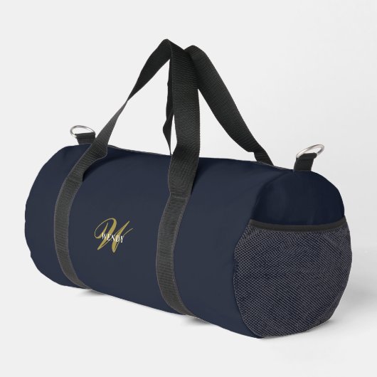 Custom Gold Navy Blue Monogram Initial Fitness Duffle Bag (Rechte Ecke)