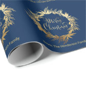 Custom Gold Navy Blue Weihnachten Eukalyptus Wreat Geschenkpapier (Rolleneckpunkt)