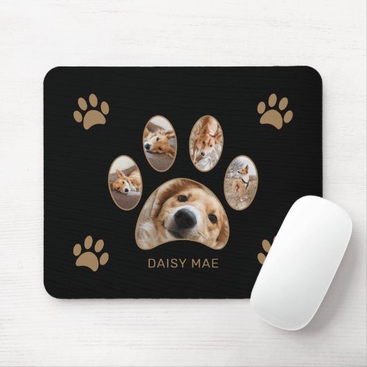 Custom Gold Paw Print Name Foto Collage Black Mousepad (Mit Mouse)