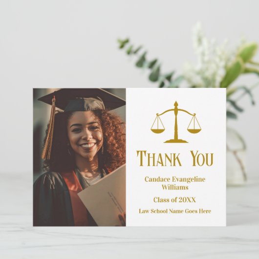 Custom Gold Scales of Justice Lawyer Foto Dankeskarte (Stehend Vorderseite)