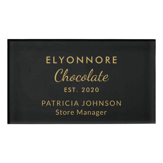 Custom Gold Script Minimal Chocolate Brand Staff Namenschild (Vorderseite)