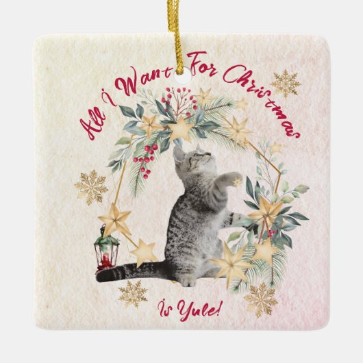 Custom Gold Snowflakes Niedlich Funny Cat Weihnach Keramikornament (Vorderseite)