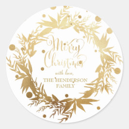 Custom Gold White Christmas Eucalyptus Wreath Runder Aufkleber