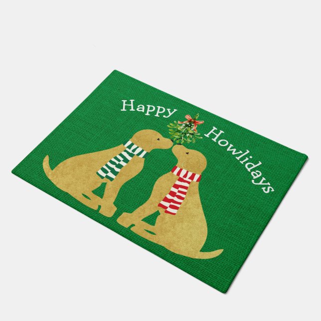 Custom Golden Retrievers Mistletoe Green Burlap Fußmatte (Schrägansicht)